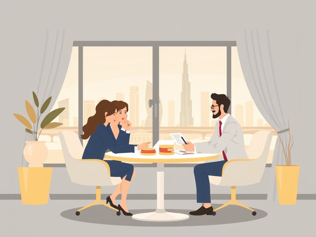 Een makelaar bespreekt een vastgoedbeleggingsplan met een stel in een elegant kantoor.