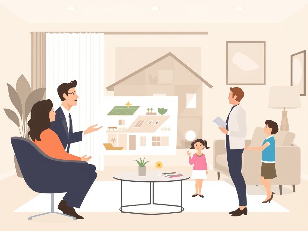 Makelaar toont een woningindeling aan een gezin in een moderne kantooromgeving.