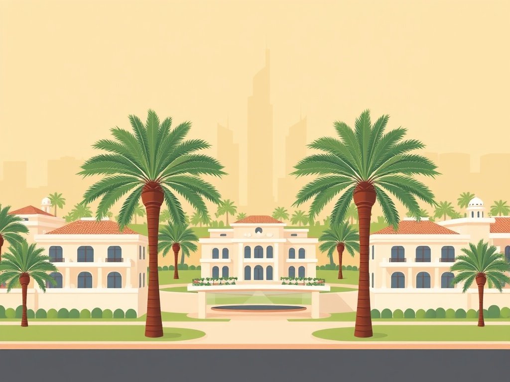 Elegante woongemeenschap in Emirates Hills met moderne huizen en palm bomen.