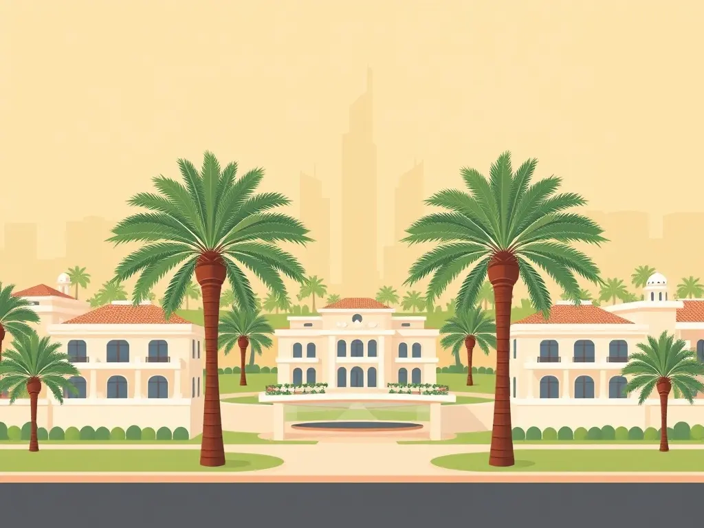 Elegante woongemeenschap in Emirates Hills met moderne huizen en palm bomen.