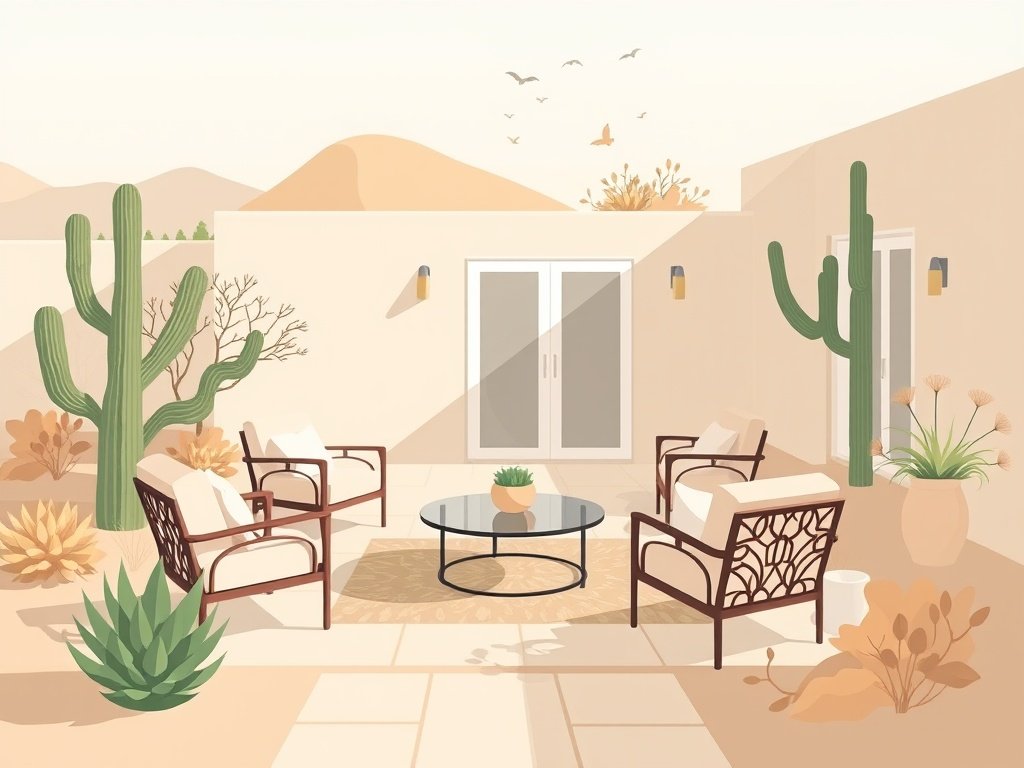Een rustige patio met moderne meubels en woestijnlandschap.