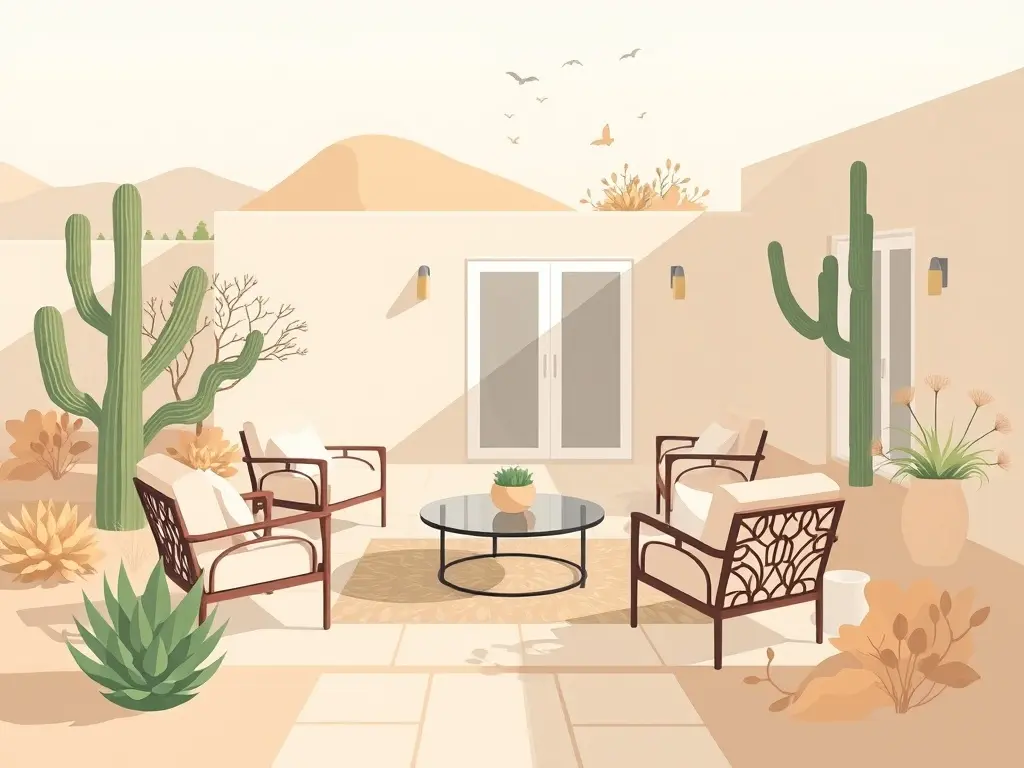 Een rustige patio met moderne meubels en woestijnlandschap.