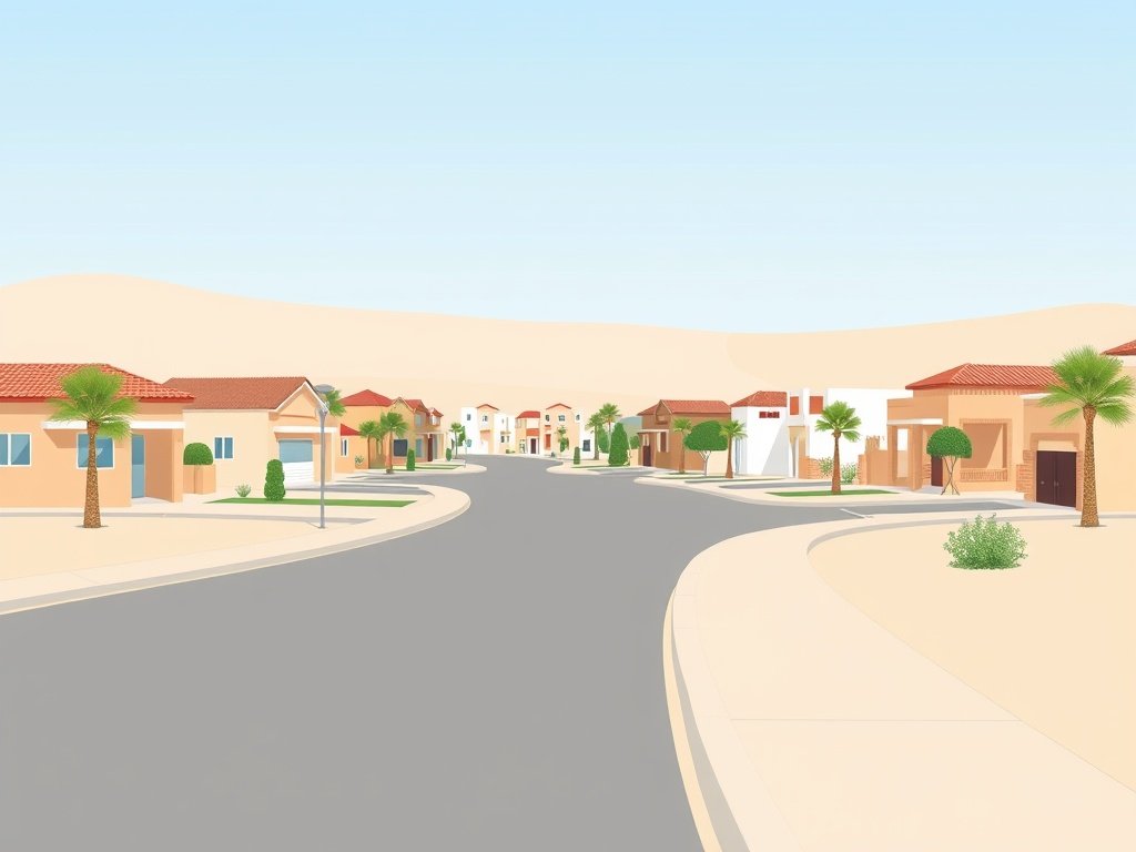 Een rustige woonwijk in Arabian Gate met verschillende woningen en zandpaden.