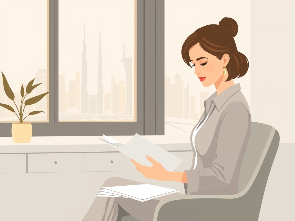 Vrouw bekijkt vastgoeddocumenten in een minimalistisch kantoor.