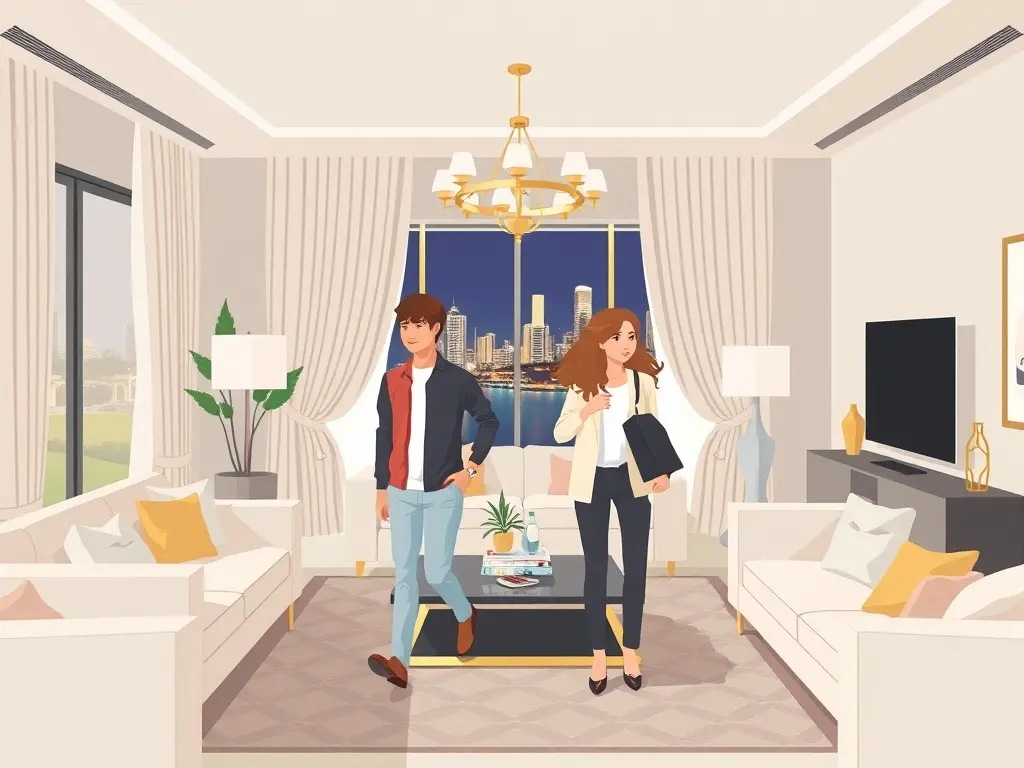 Een stel verkent een luxe appartement in Dubai Sports City.