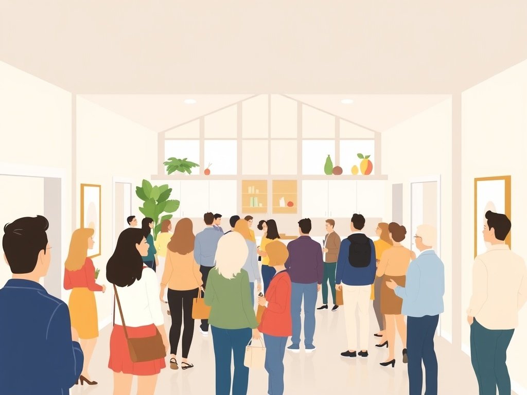 Bezoekers touren door een modern huis tijdens een open huis evenement.