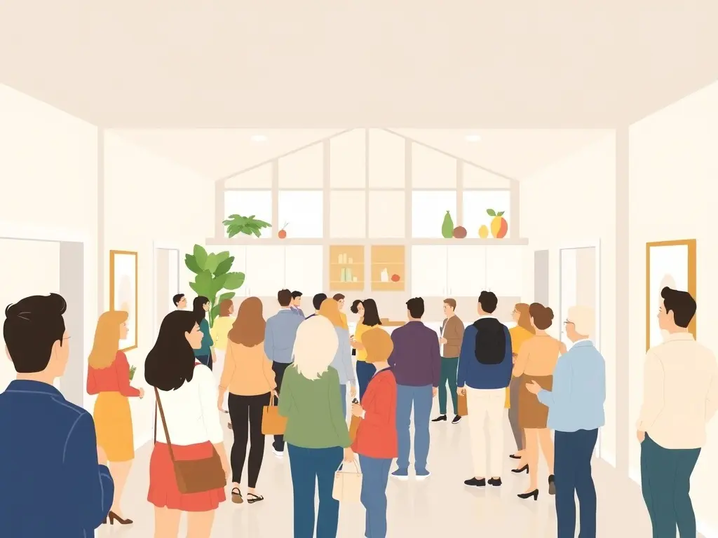 Bezoekers touren door een modern huis tijdens een open huis evenement.