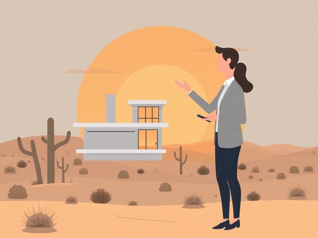 Een makelaar toont een modern huis aan potentiële kopers met een zonsondergang op de achtergrond.