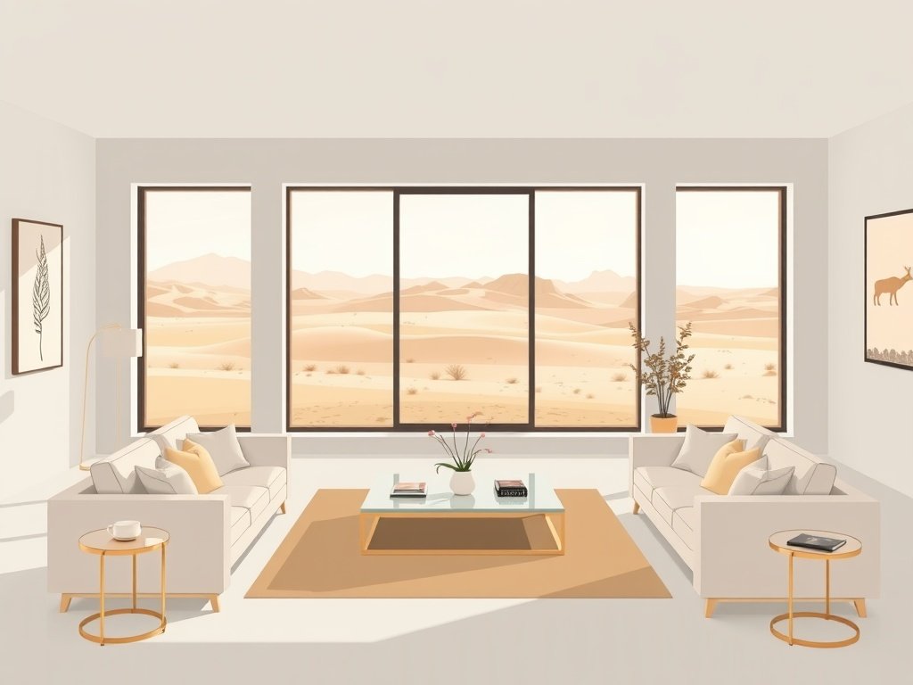 Een minimalistische woonkamer met uitzicht op de woestijn.
