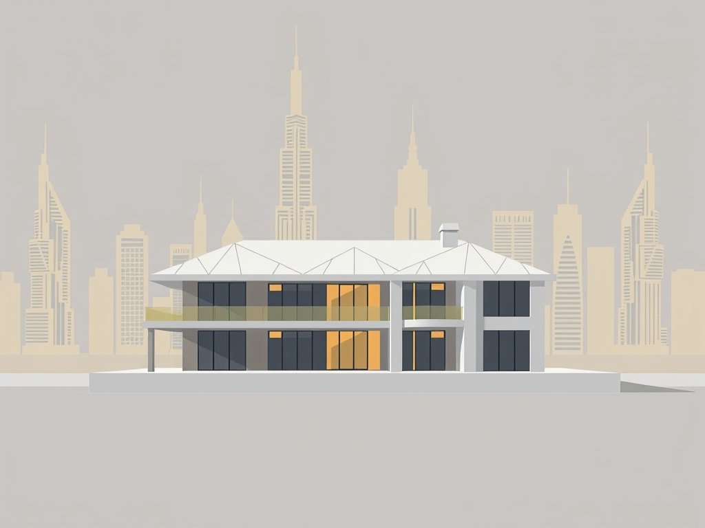 Een architecturaal model van een luxe huis met een abstracte Dubai skyline op de achtergrond.