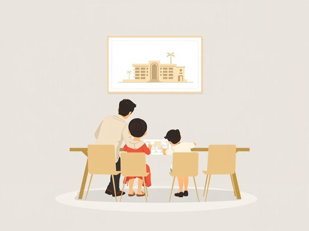 Gezin bekijkt een bouwtekening van een huis in Palm Jumeirah aan een strak tafel.