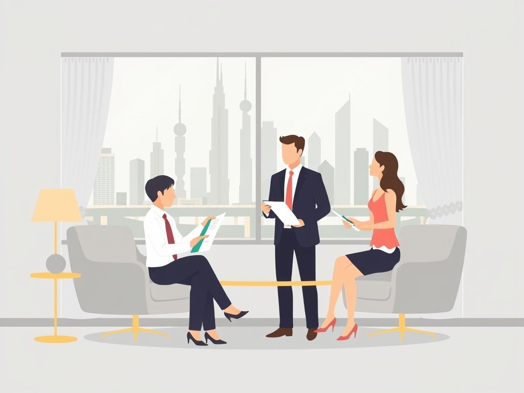 Een makelaar bespreekt woningopties met een stel in een stijlvolle kantooromgeving.