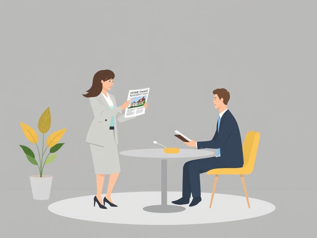 Een makelaar toont een woning koopgids aan een stel aan een modern tafel.