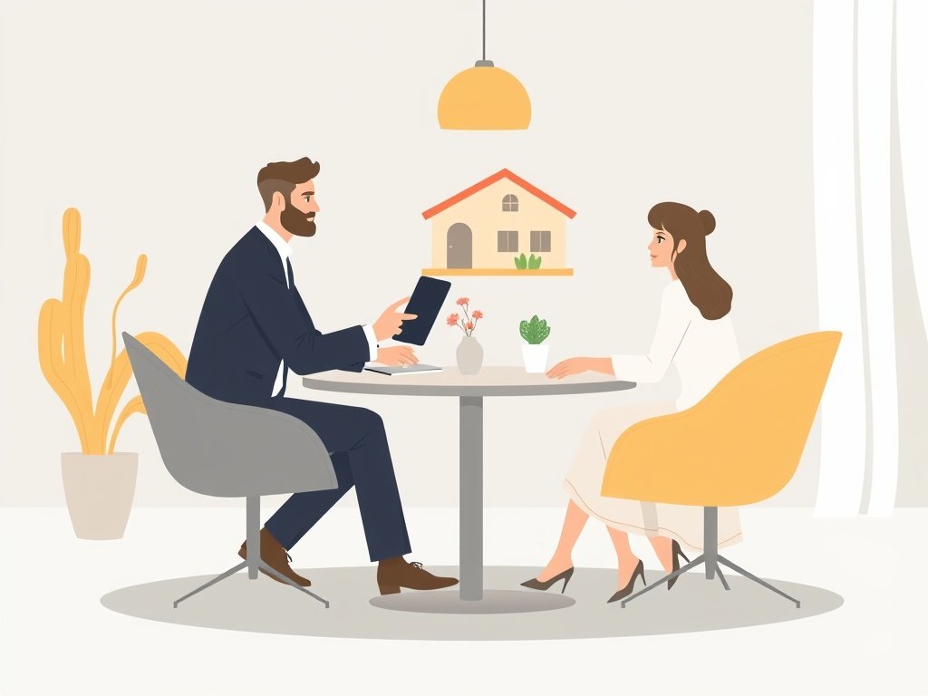 Een makelaar die met een stel spreekt over opties voor het kopen van een huis.