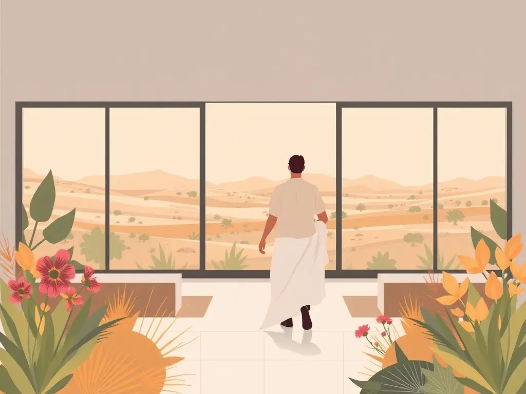 Koppel verkent een luxe villa in Emirates Hills met uitzicht op de woestijn.