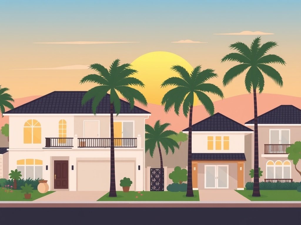 Een rustige buurt met elegant ontworpen huizen en palmbomen in de ondergang.