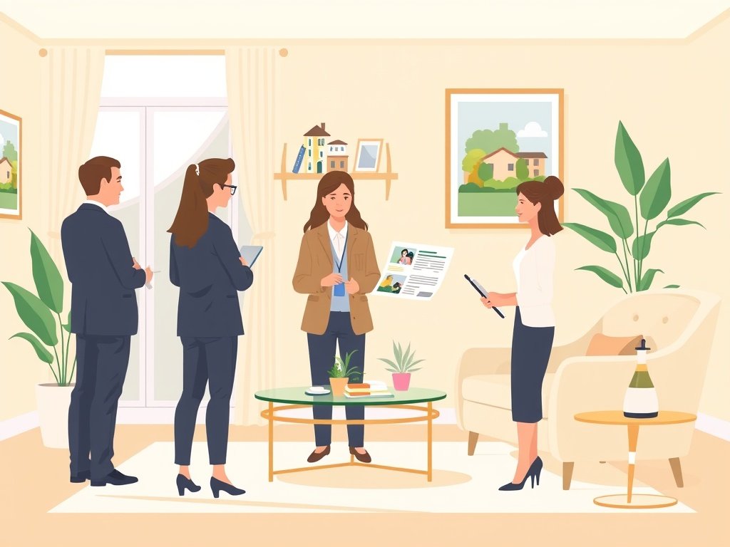 Een makelaar bespreekt woningopties met klanten in een moderne kantooromgeving.