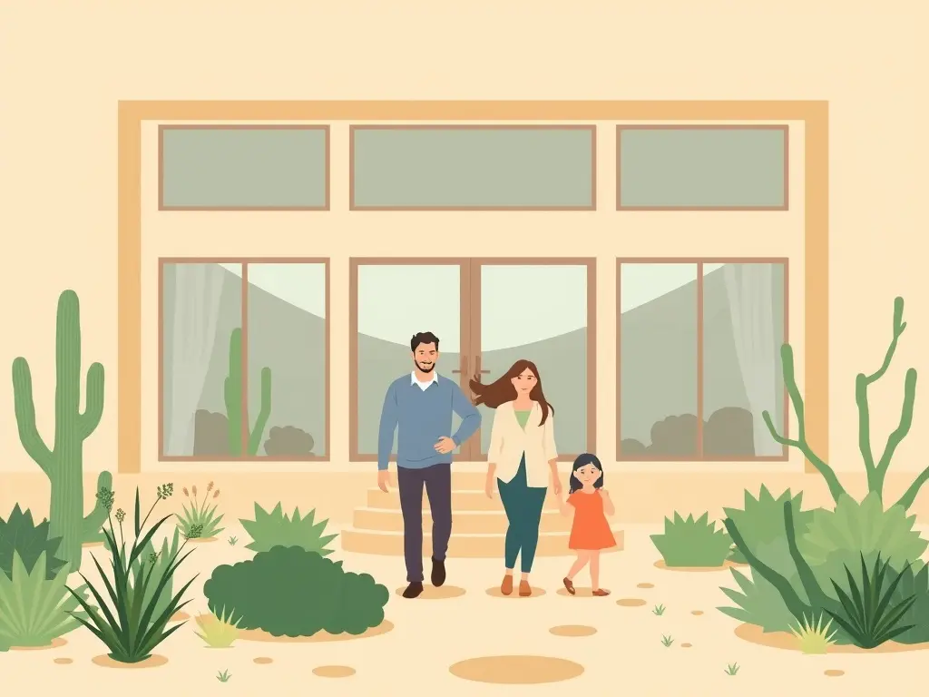 Een gezin verkent een moderne woning in The Greens met grote ramen en een minimalistische tuin.