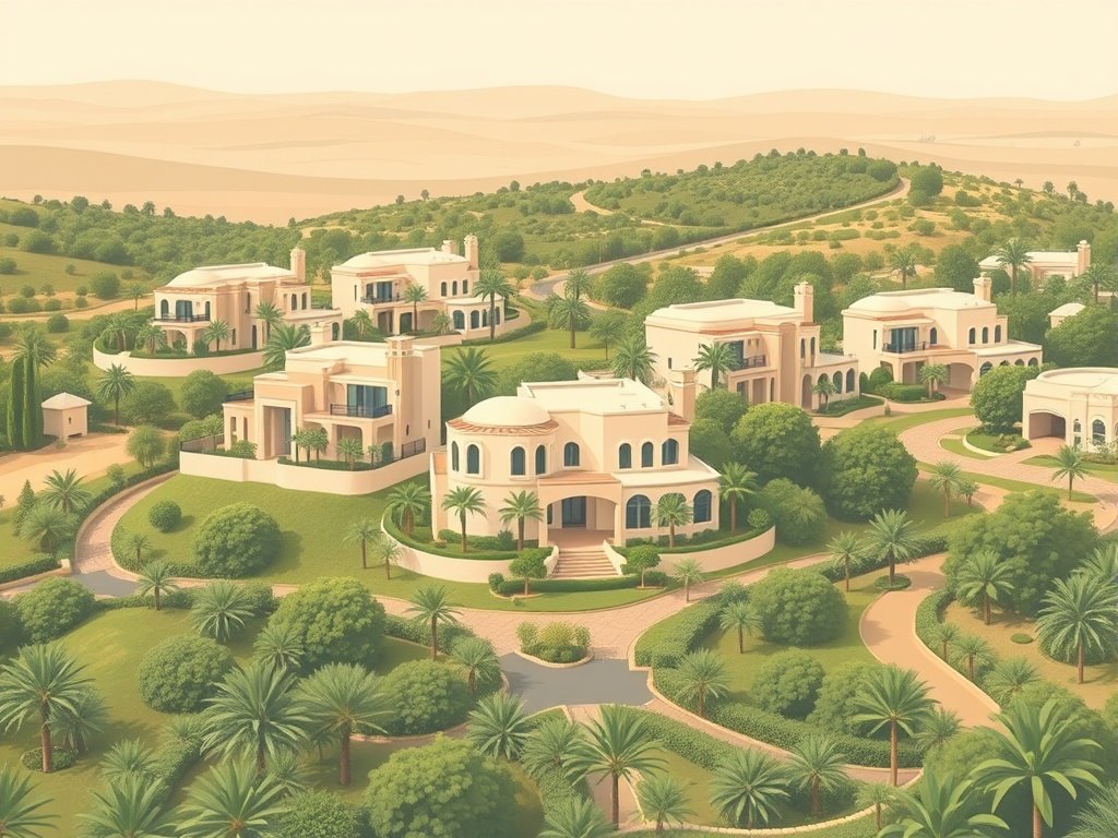 Luchtfoto van Dubai Hills Estate met luxe villa's en groen.