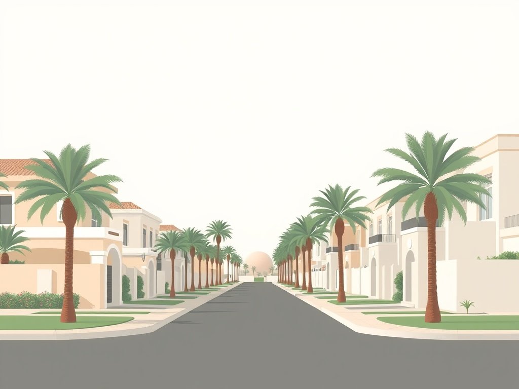 Rustige buurt in Meydan met moderne woningen en palmbomen.