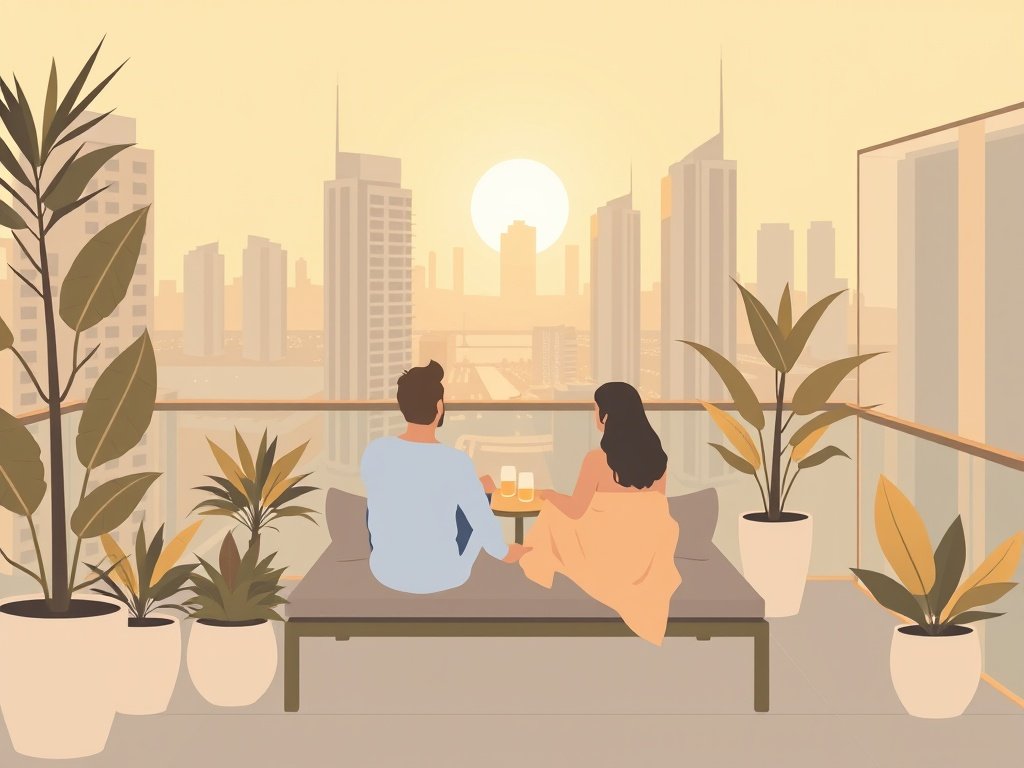 Een stel genietend op een terras van een luxe appartement met uitzicht op de ondergang in Dubai.