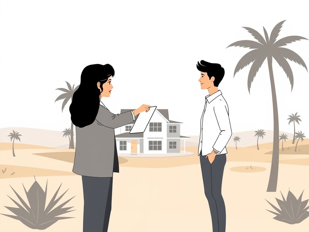 Makelaar toont een huis aan een stel met palmbomen en een golfbaan op de achtergrond.