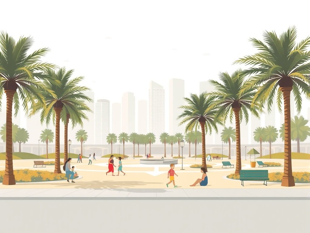 Een gemeenschapstuin in Dubai Marina met gezinnen die ontspannen in de buitenlucht.