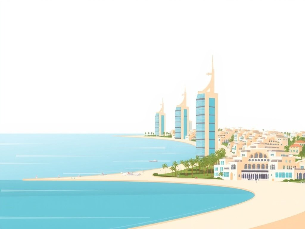 Pittige kijk op Palm Jumeirah met moderne woningen langs de kustlijn.