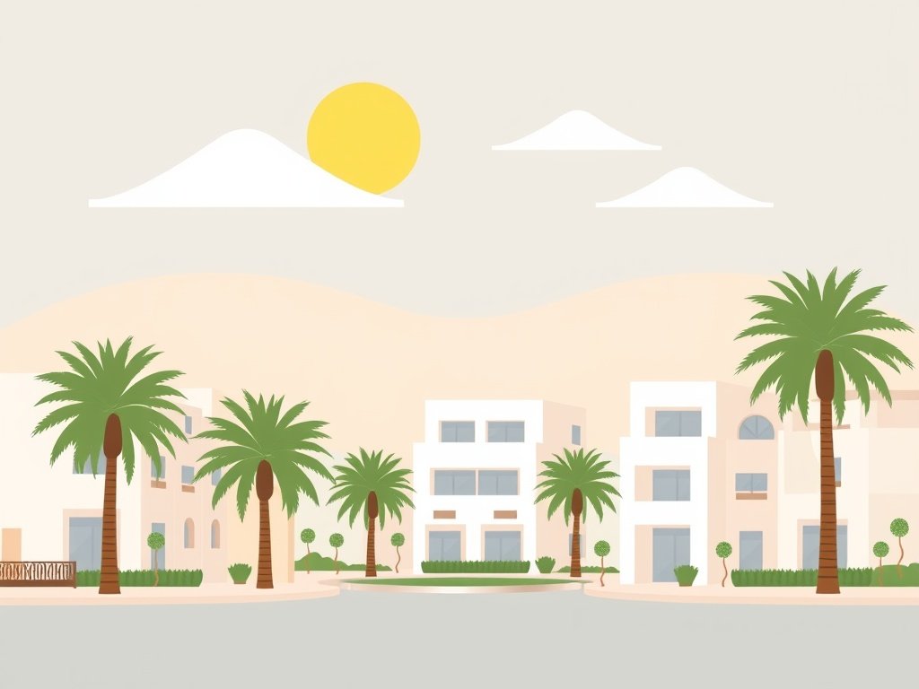 Een rustige woonwijk in Town Square Dubai met moderne huizen en palmbomen onder een zonnige lucht.