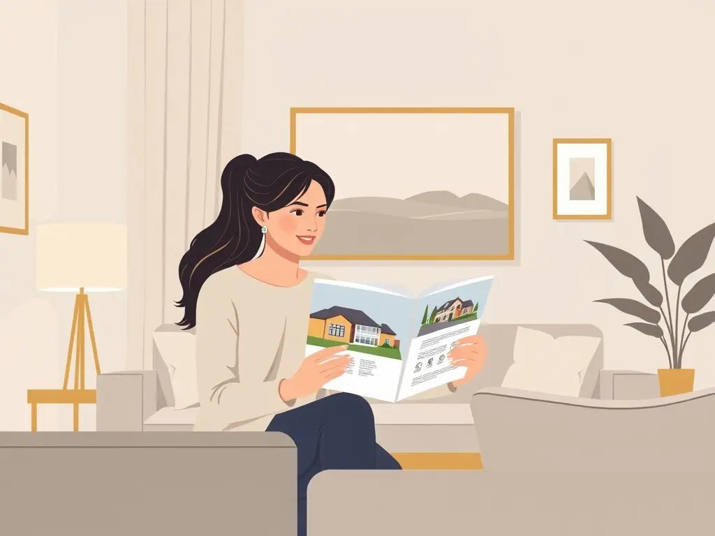 Een modern stel bekijkt een woningbrochure in een stijlvolle woonkamer.