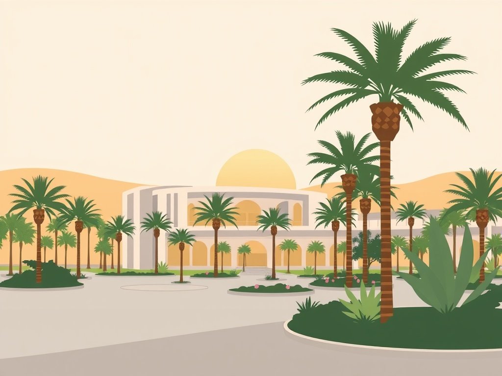 Een modern gebouw in Dubai Festival City omringd door palmbomen en een tuin.